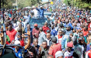 Azimio leader Raila Odinga with ODM Deputy Party leader Wycliffe Oparanya at Kamukunji grounds.