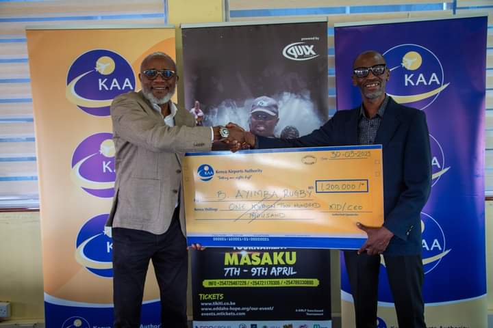 KAA acting General Manager Marketing and Business Development Jacob Bwana with Kenya Rugby League Federation (KRFL) Chairman Quicks Nyakwaka.