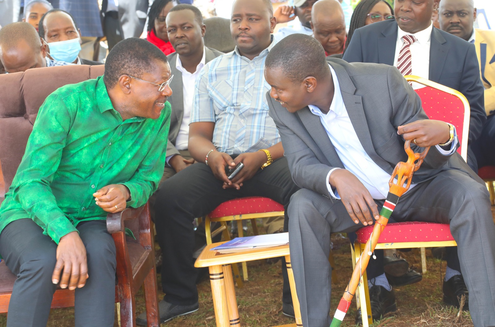 Wetangula with Senator Mandago during the burial of retired chief Samuel Kipruto Koech in Soy Sub County on March 28, 2023.