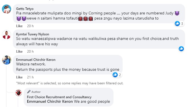 A screenshot of some of the comments on the First Choice Facebook post.