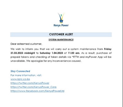 A snip of the Kenya Power customer alert.