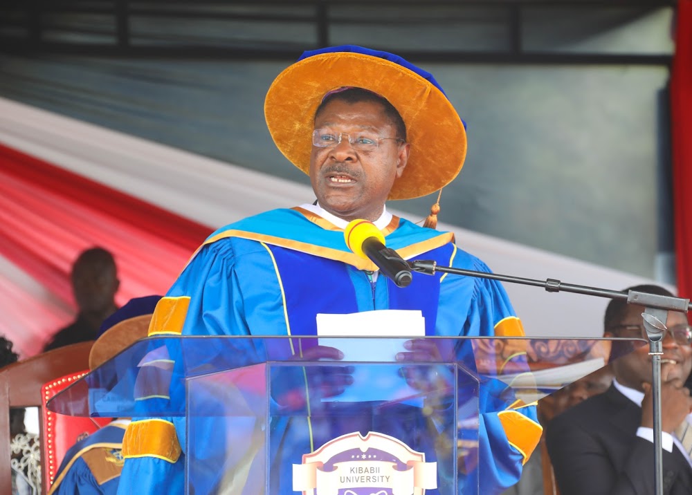 National Assembly Speaker Moses Wetangula speaking at Kibabii University after he was awarded an honorary degree of Doctorate in Humane Letters on March 3,2023. Photo/Twitter/Wetangula.