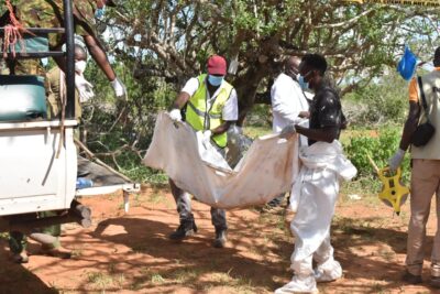 A body retrieved from one of the mass graves within Shakahola Forest in Kilifi county. Photo/Nation.