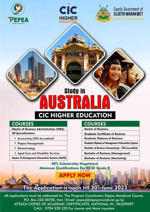 A poster for the available opportunity for Eldoret Marakwet students to study in Australia.