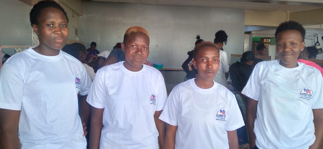 The four Espodec Starlets players set to start their training at Mwangiz Institute of Cosmetology. Left to Right: Dinah, Joyce, Hanna and Nancy. Photo/Lawrence Kamau.