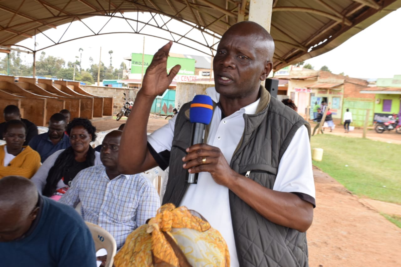 One of the locals speaks during the Kapseret/Simat Ward's Public Participation for 2023-2024 Financial Years' Budget Estimates.