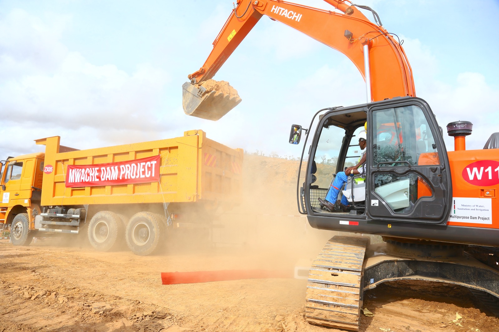 President Ruto operates a machine during the ground-breaking of the construction of the Mwache Dam on April 6, 2023.