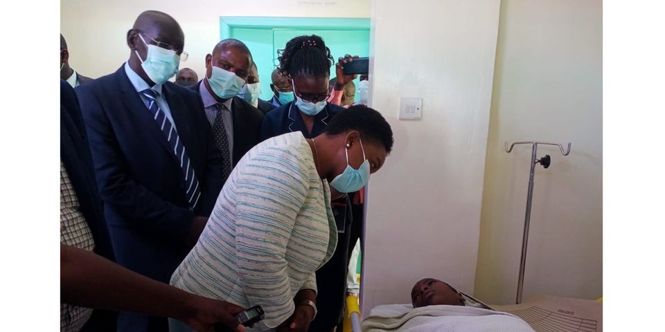 Health Cabinet Secretary Susan Nakhumicha and Education Principal Secretary Belio Kipsang visiting students from Sacred Heart Mukumu Girls High School who are still admitted at the Kakamega County General Hospital. Photo/Nation.