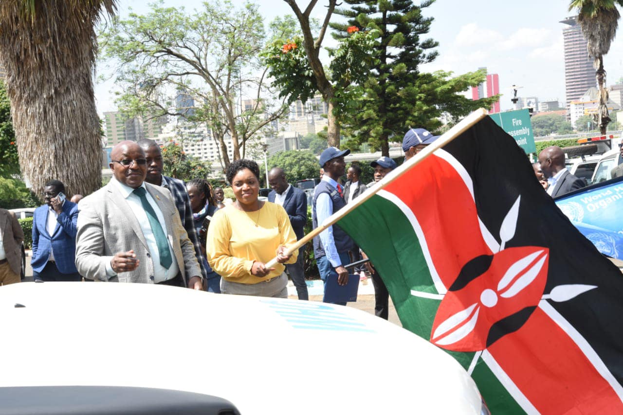 CS Wafula with WHO Country Representative, Dr Abdourahmane Diallo at the flagging off of the 6 ambulances.