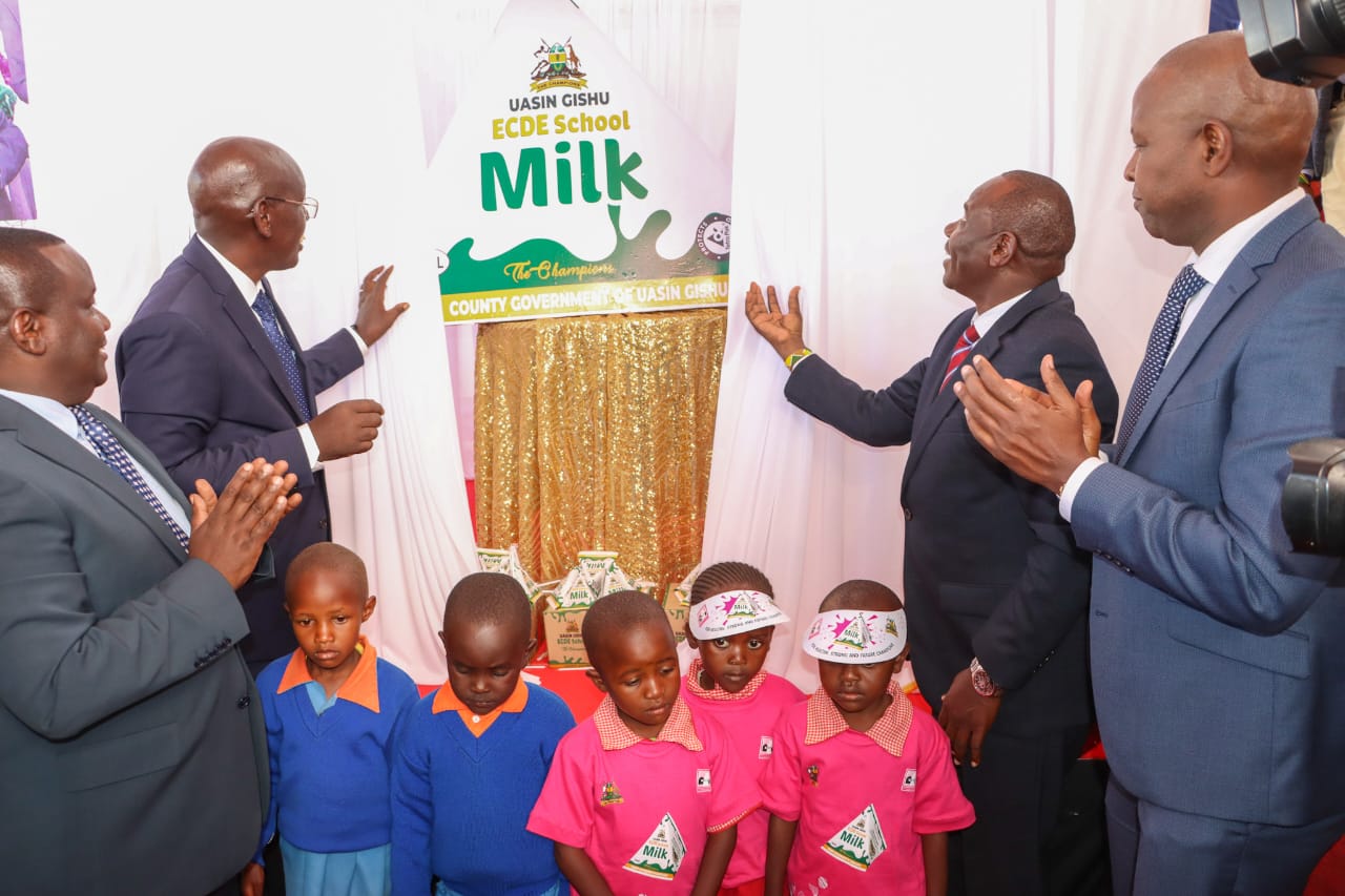 PS Kipsang with Governor Bii during the launch of the school milk program