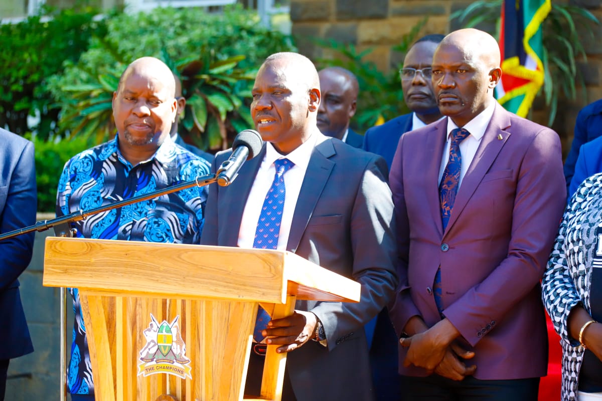 Governor Bii with Murang'a Senator Joe Nyutu during a media briefing at the county headquarters in Eldoret town on June 19, 2023.