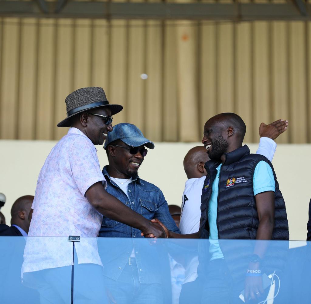 President William Ruto with Sports CS Ababu Namwamba and CAS Korir during the Mashemeji derby at Nyayo stadium on May 14, 2023.