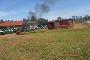 Uasin Gishu County Fire Fighting and Rescue team during a previous training on fire safety and disaster management at Loreto High School Convention Matunda.