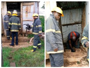 A collage of Uasin Gishu County Fire Brigade team retrieving the fetus from the pit latrine.