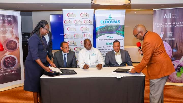 Eldowas MD Peter Biwott with KASIB officials during the MOU signing in Nairobi on July 13, 2023.