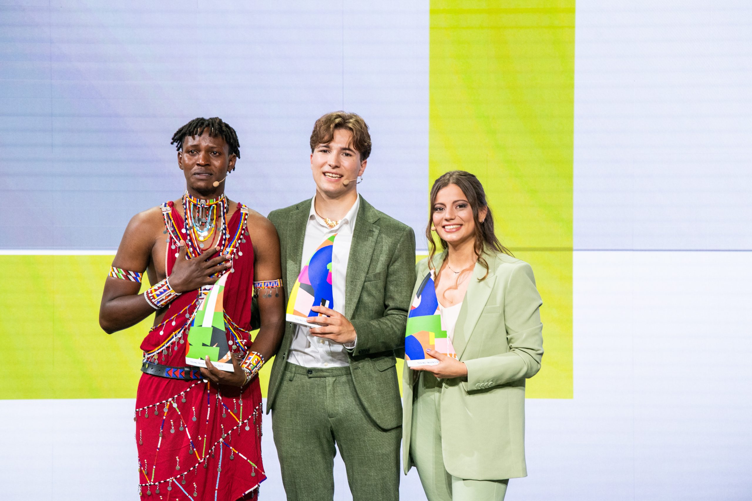 Richard Turere (left) with other inventors Filipa de Sousa Rocha (right) and Fionn Ferreira during that were awarded at the European Inventor Award 2023.