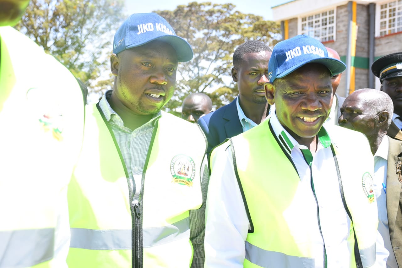 Governor Bii with CECM Lagat during inspection of some of the ongoing projects.