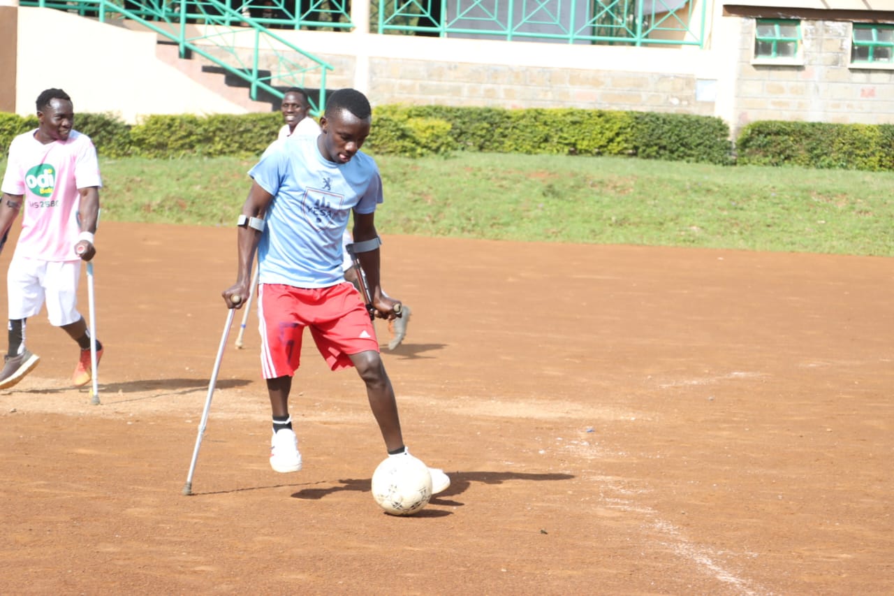 One of the Uasin Gishu County men's amputee football team during a training session.