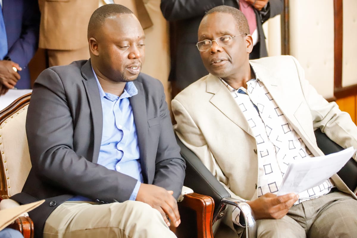 CECM for Lands and Urban Development Anthony Sitienei with his Roads counterpart Eng. Joseph Lagat.