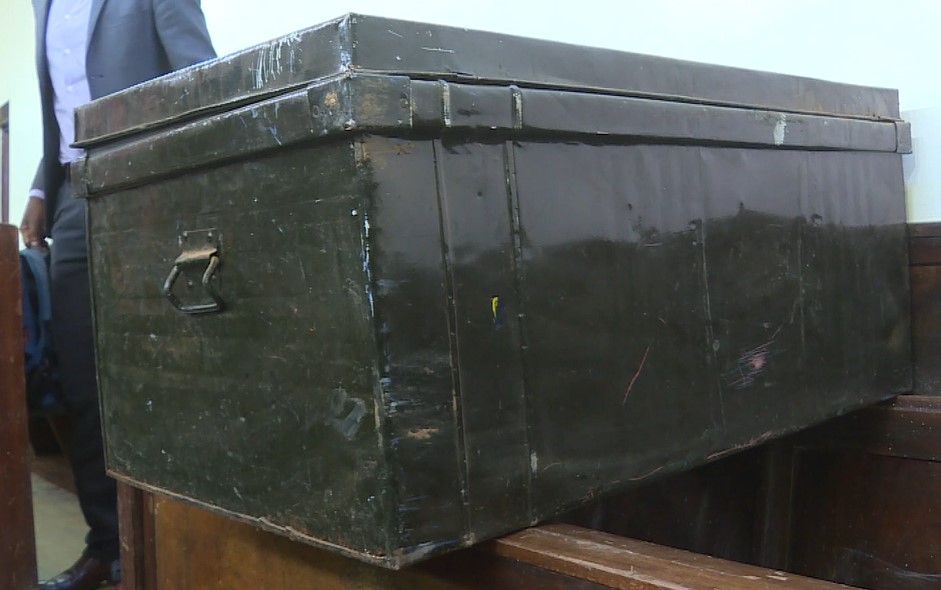 The metallic box in court duirng the hearing of the murder case.