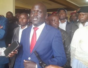 National IDPs Network Secretary General Raphael Eyanai addressing the media in Kitale. Photo/Kipkorir Tarus