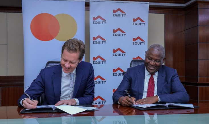 (L-R) Mark Elliott, Division President for Sub Saharan Africa at Mastercard and Dr. James Mwangi, Equity Group Managing Director and CEO, sign a 10-year partnership agreement