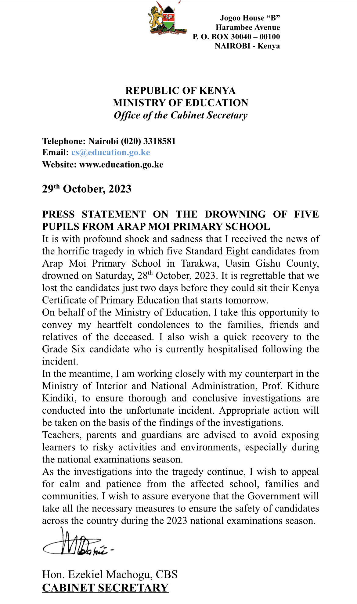 CS Machogu's full statement on the Arap Moi Primary School incident.