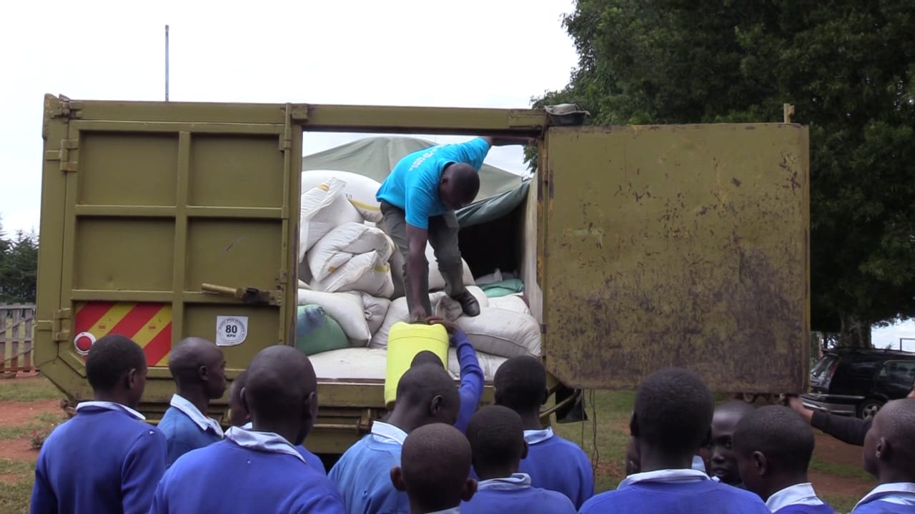 Food donations being offloaded in one of the schools in the ASALs.