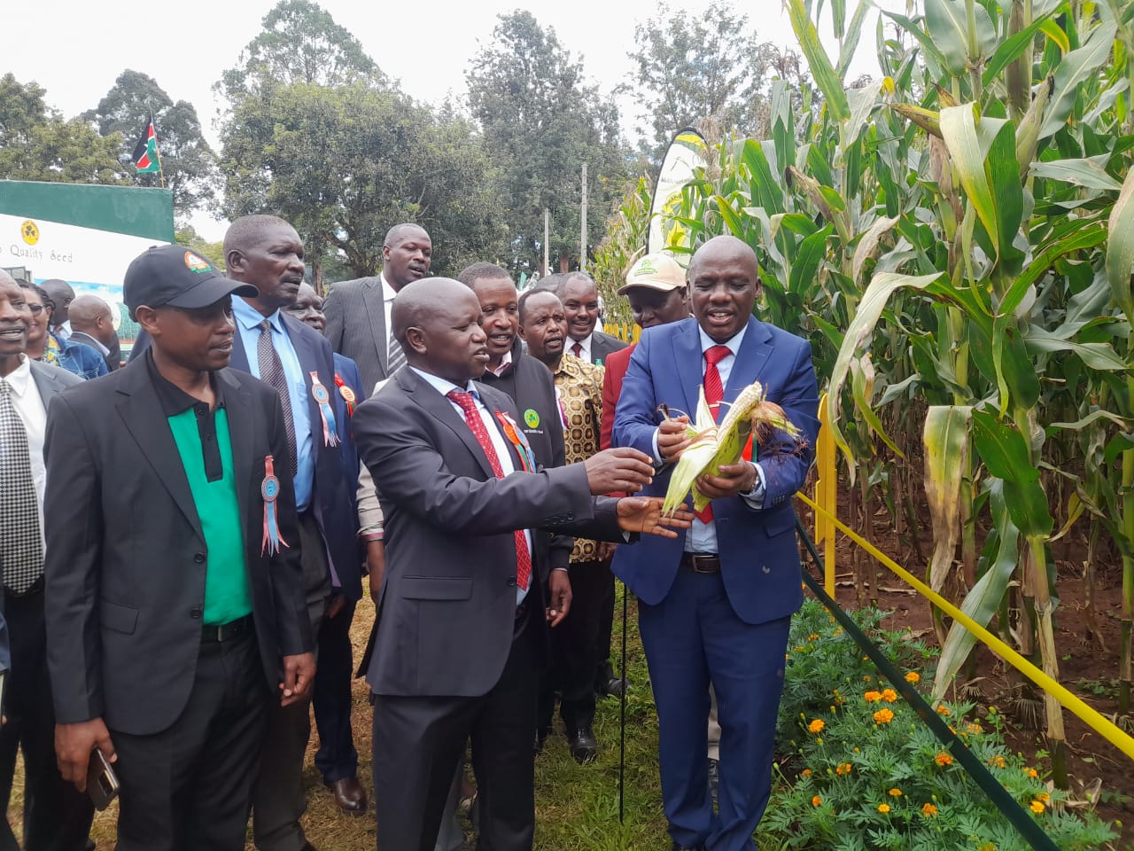 From left KPEHIS Kitale Region Deputy Director Iphraim Wachira, Kenya Seed Acting Manager Sammy Chepsiror and Crops Development Principal Secretary Dr. Paul Rono at Kenya Seed Stand