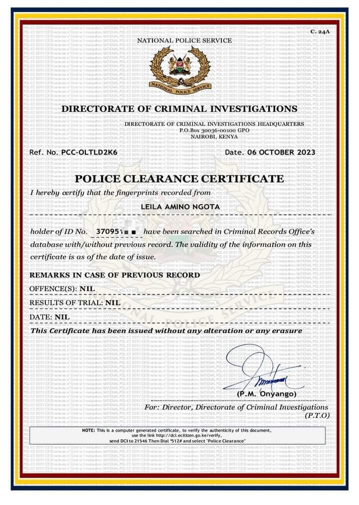 One of the suspected fake police clearance certificate. Photo/DCI.