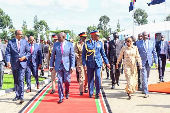 President William Ruto with Chief of Defence Forces Francis Ogolla and CSs Aden Duale (Defense) as well as Education's Ezekiel Machogu arrive at the National Defence University of Kenya for inaugural graduation.