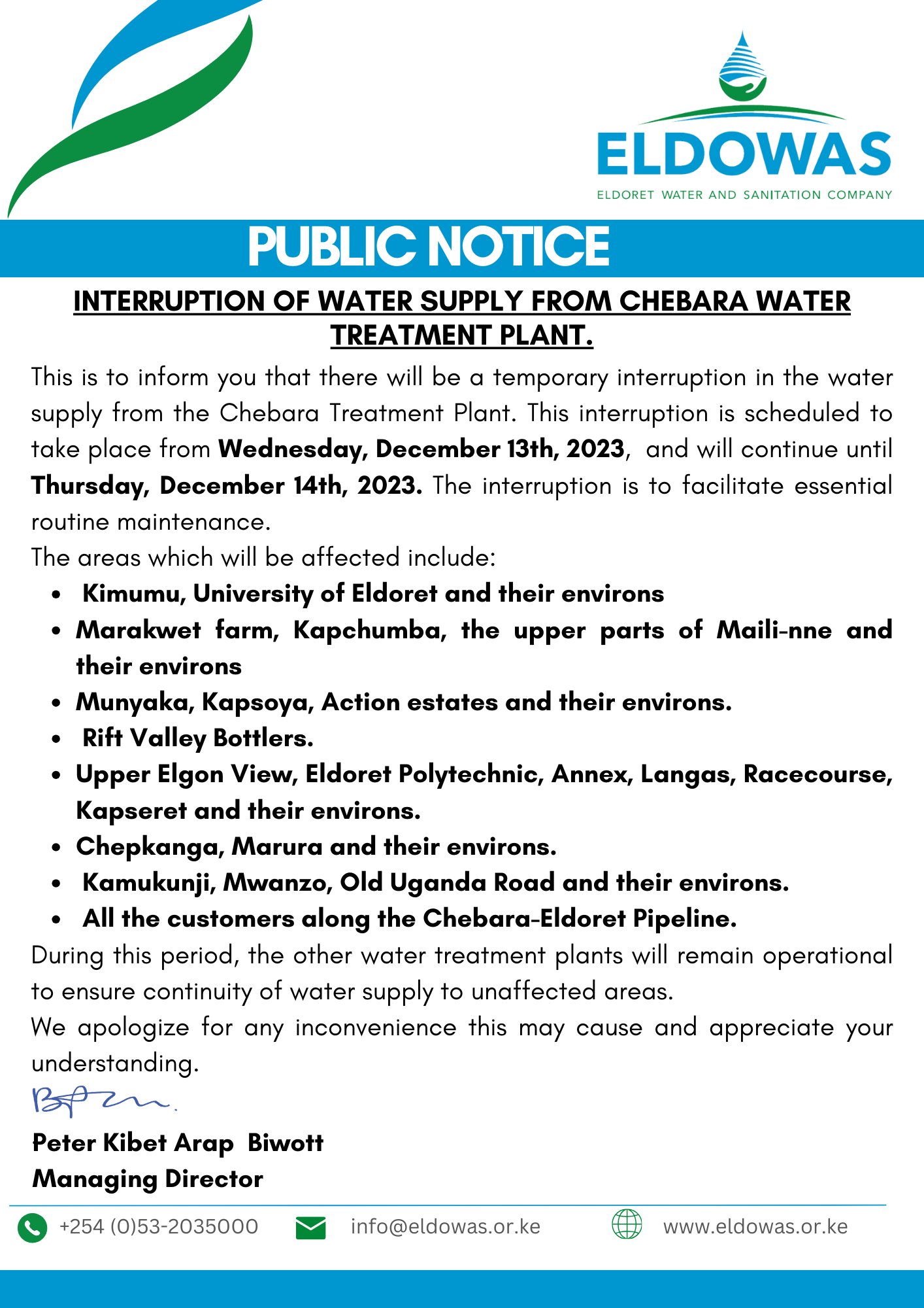 Notice on the interruption if water sylh in some of the Eldoret estates. Photo/Eldowas.