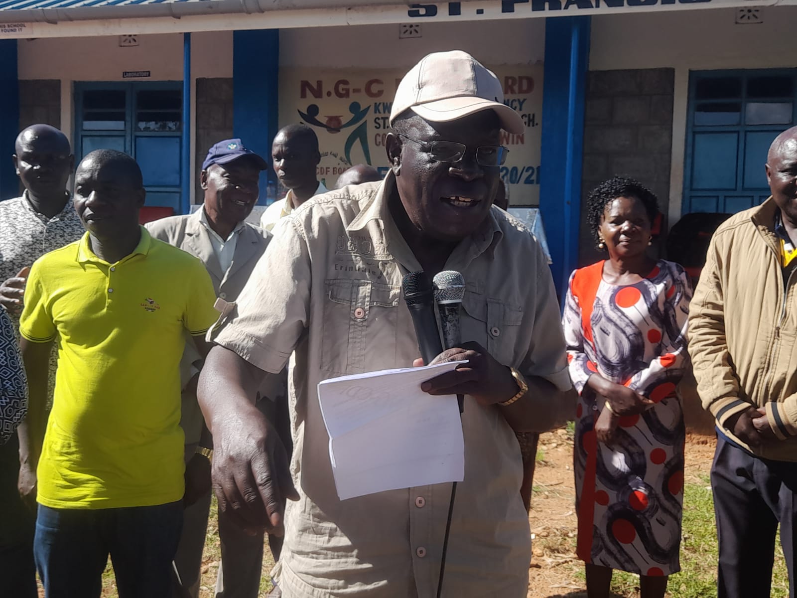 Kwanza Constituency Member of Parliament Ferdinand Wanyonyi speaking at St. Francis Kolongolo Girls' secondary school. Photo/Kipkorir Tarus