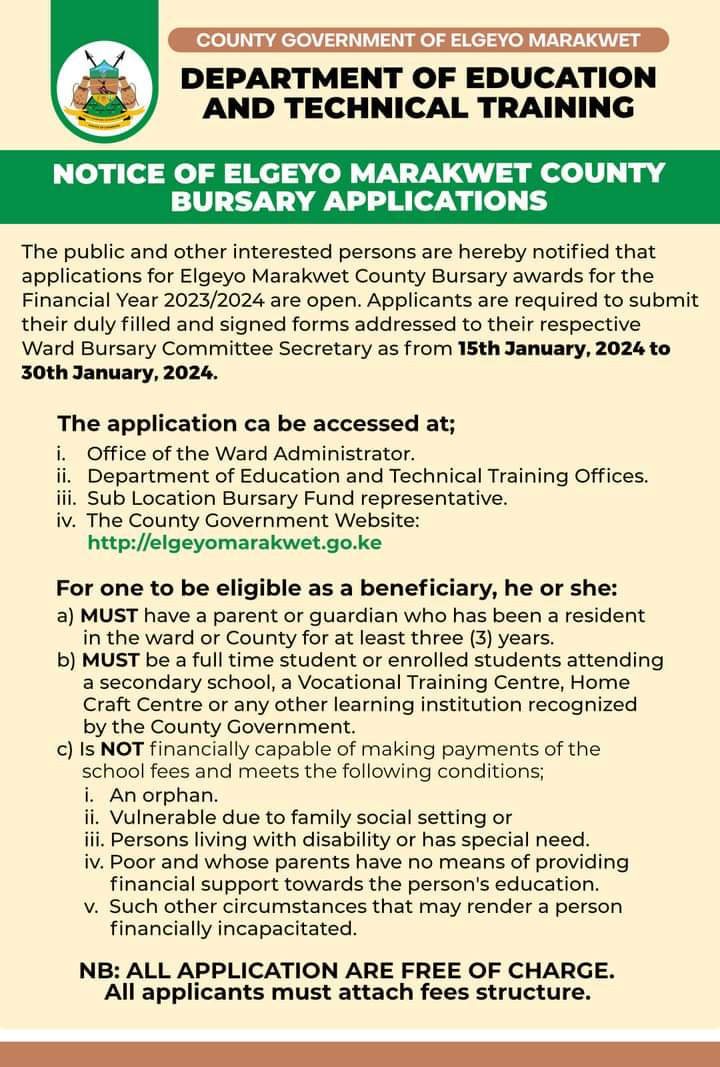 Details on application for Elgeyo Marakwet bursary kitty. Photo/County.