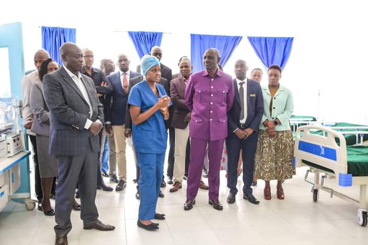 President William Ruto with his Deputy Rigathi Gachagua, Health CS Susan Wafula and host Governor Wisely Rotich during a tour of the new unit on January 14, 2024.
