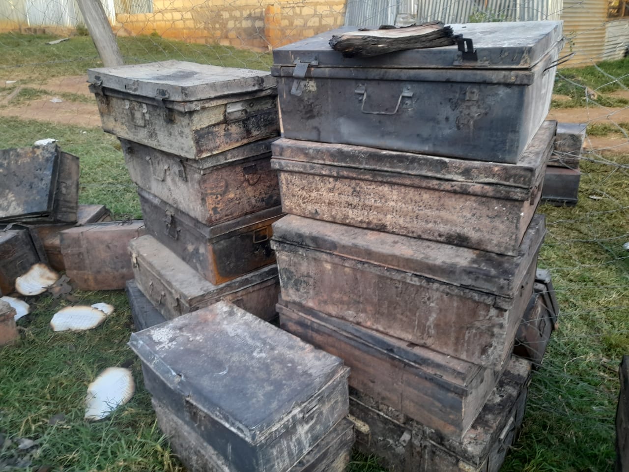 Students boxes that were burnt in the Saturday fire incident. Photo/Kipkorir Tarus.