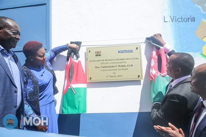 Health CS Susan Nakhumicha Wafula during the launch of the Kisumu KEMSA regional office.