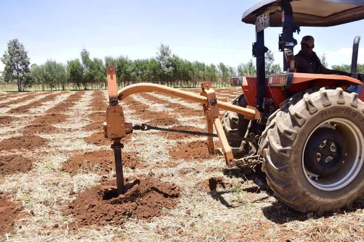 The modern drilling auger being utilized for excavating holes for planting coffee.