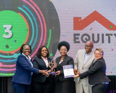 Equity Bank Kenya Associate Director Women & Youth Banking, Dr. Silpah Owich (center), Equity Bank Kenya Director Retail & Branch Business, Carol Rutto (2nd left), Equity Kilimani Supreme Business Growth and Development Manager, Katherine Silva (right), and Equity Senior Relationship Manager, Commercial -Trade & Investments, Irene Irungu (left) receive an award for the most loved banking brand by women in Kenya, according to a recent survey conducted by IPSOS and BSD Group.