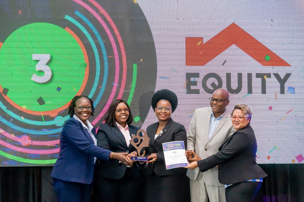 Equity Bank Kenya Associate Director Women & Youth Banking, Dr. Silpah Owich (center), Equity Bank Kenya Director Retail & Branch Business, Carol Rutto (2nd left), Equity Kilimani Supreme Business Growth and Development Manager, Katherine Silva (right), and Equity Senior Relationship Manager, Commercial -Trade & Investments, Irene Irungu (left) receive an award for the most loved banking brand by women in Kenya, according to a recent survey conducted by IPSOS and BSD Group.