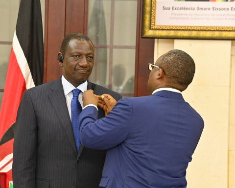 President Ruto is awarded a honor his Guinea-Bissau counterpart President General Umaro Sissoco Embalo.