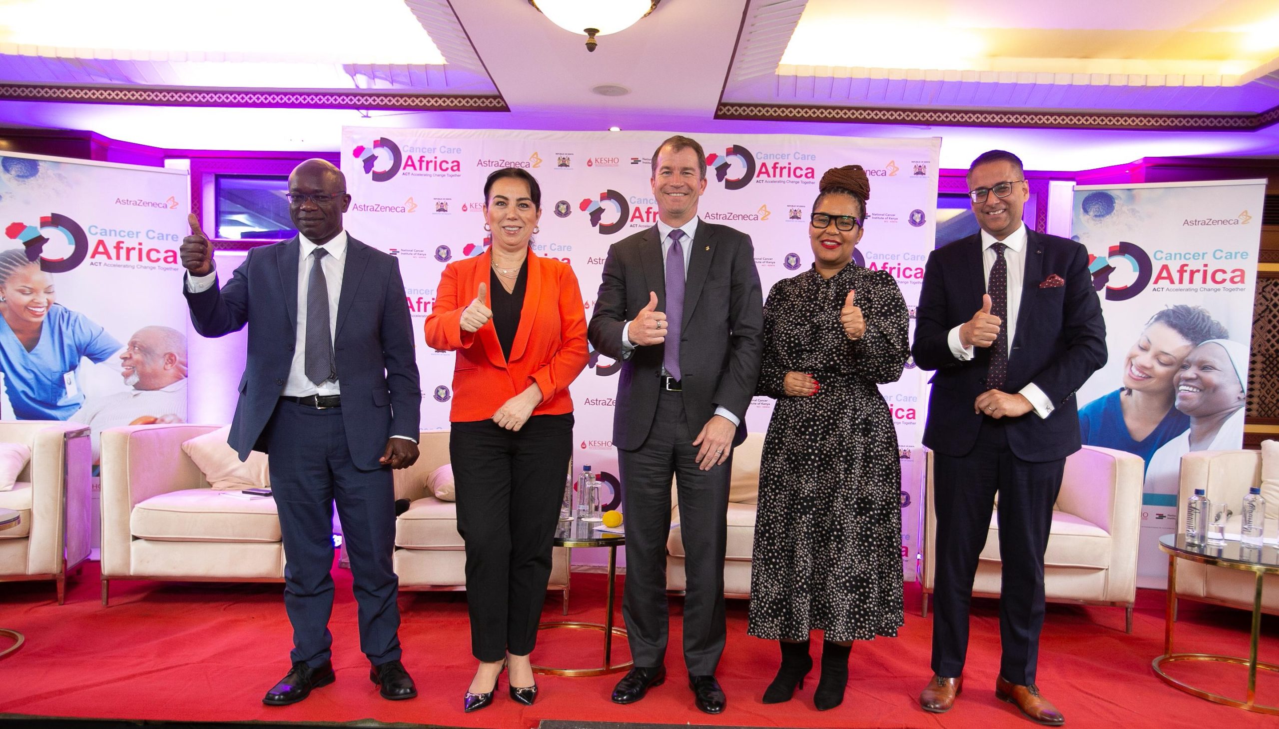 (L-R) Dr Naphtali Busakhala, Chair, Kenya Society for Hematology and Oncology (KESHO), Dr Pelin Incesu, Area Vice President for Midle East and Africa, David Fredrickson, Executive Vice President, Oncology Business Unit, AstraZeneca and Dr Khomotso Mashilane, Medical Director: African Cluster at AstraZeneca as well as Deepak Arora, Country President, Africa Cluster, AstraZeneca during the launch of the program on April 30, 2024.