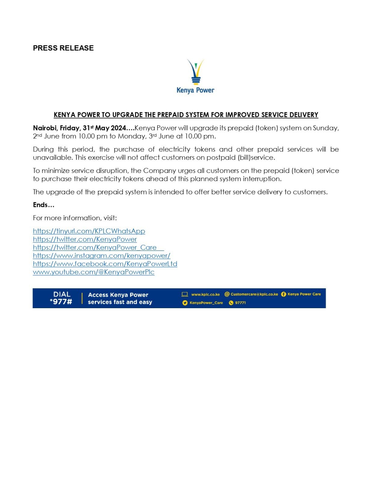 Kenya Power notice on disruption of token services 