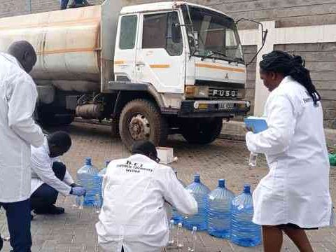 Government Chemists and DCI Forensics experts conduct tests to confirm contents of two tankers at Inland Container Depot in Nairobi.