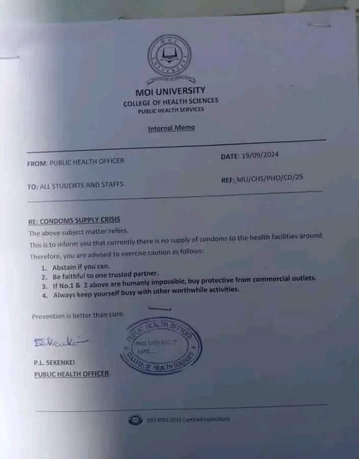Notice on shortage of condoms at Moi University