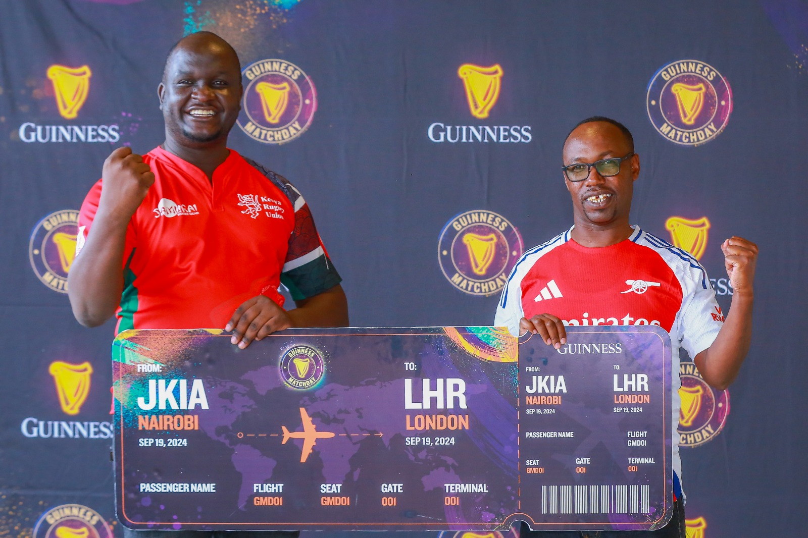 Raring to go! Gunners’ fans Phidel Oyombe (left) and Felix Karbolo during the press announcement of their EPL trip held at Eabl Ruaraka offices on Thursday, 19th September. 