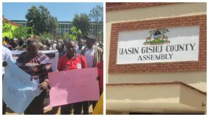 Collage of picketing uasin gishu workers and uasin gishu county assembly