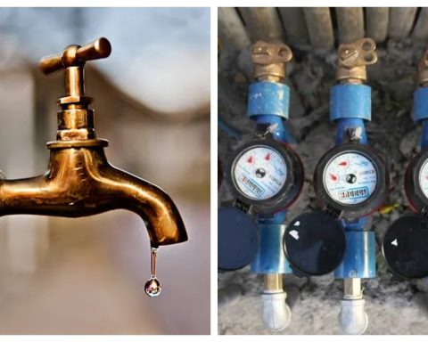 Water tap (left) three water metres (right)