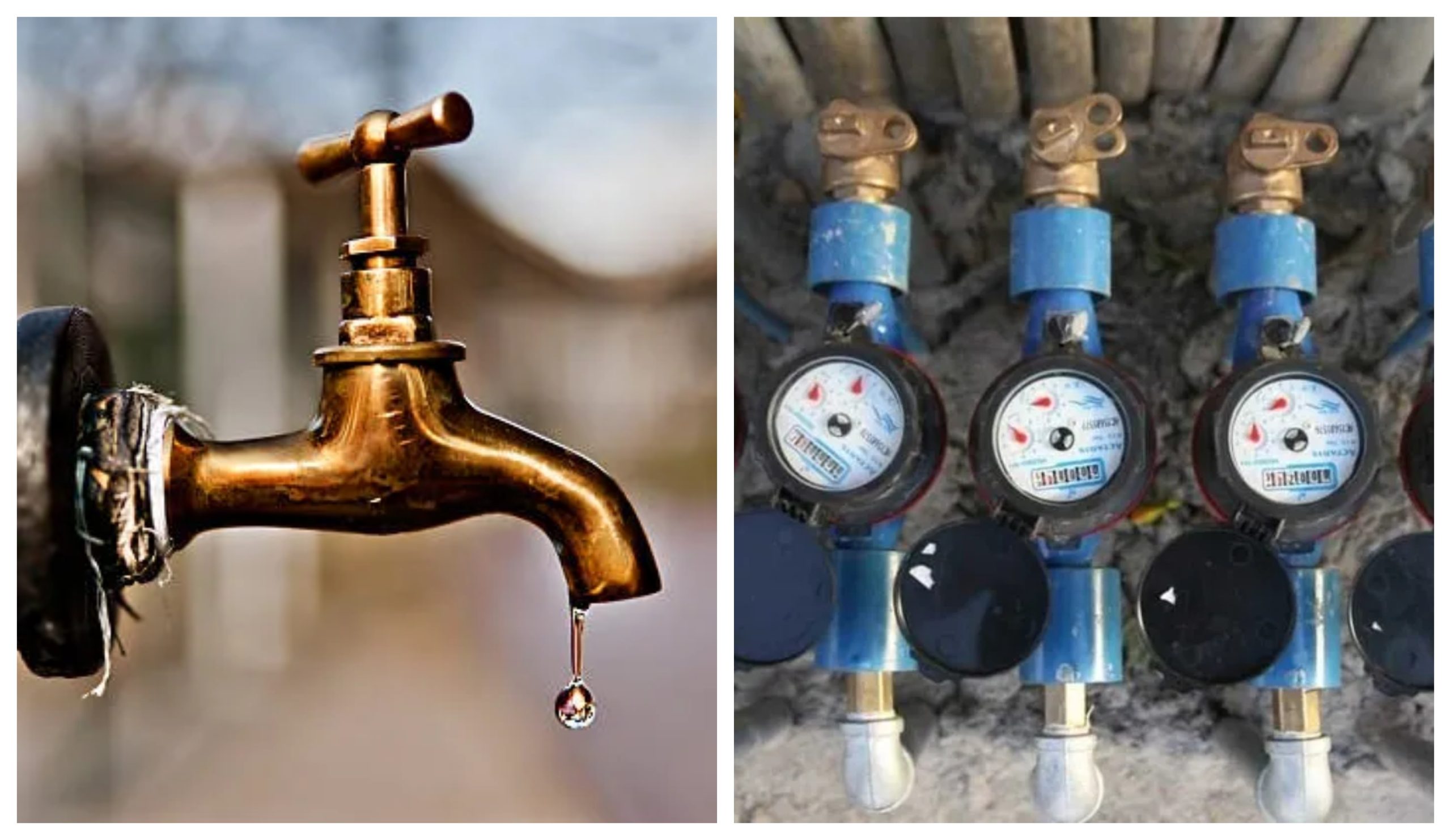 Water tap (left) three water metres (right)