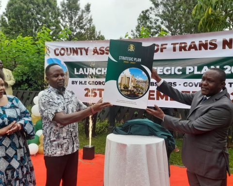 Governor George Natembeya with Trans Nzoia County Assembly Speaker Andrew Wanyonyi during the launch of Trans Nzoia County Assembly 2023-2027 Strategic Plan. Photo/Kipkorir Tarus